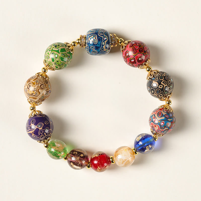 Nimara Ritual Colorful Liuli Glass Sandalwood Gourd Bead Lacquer Craft Bracelet