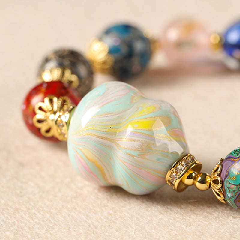 Nimara Ritual Colorful Liuli Glass Sandalwood Gourd Bead Lacquer Craft Bracelet