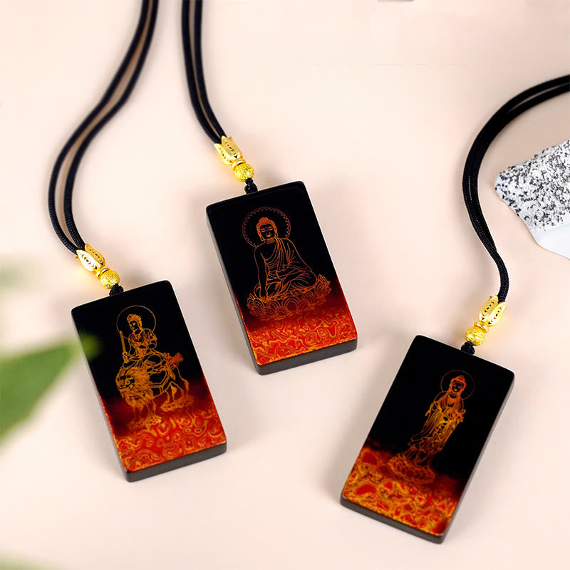 Nimara Ritual Chinese Zodiac Natal Buddha Fu Character Lacquer Craft Sandalwood Pendant Necklace