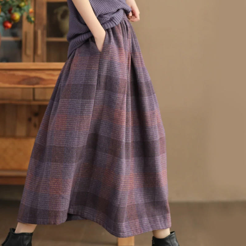 Nimara Ritual Women's Winter Plaid Pattern Thermal 7-8 Length Skirt With Pockets