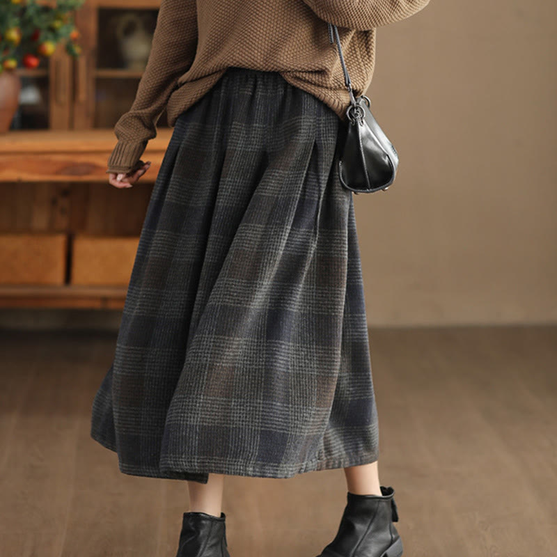 Nimara Ritual Women's Winter Plaid Pattern Thermal 7-8 Length Skirt With Pockets