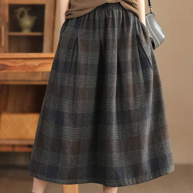 Nimara Ritual Women's Winter Plaid Pattern Thermal 7-8 Length Skirt With Pockets