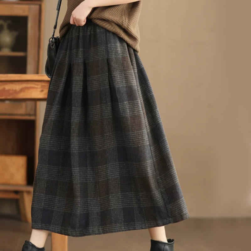 Nimara Ritual Women's Winter Plaid Pattern Thermal 7-8 Length Skirt With Pockets