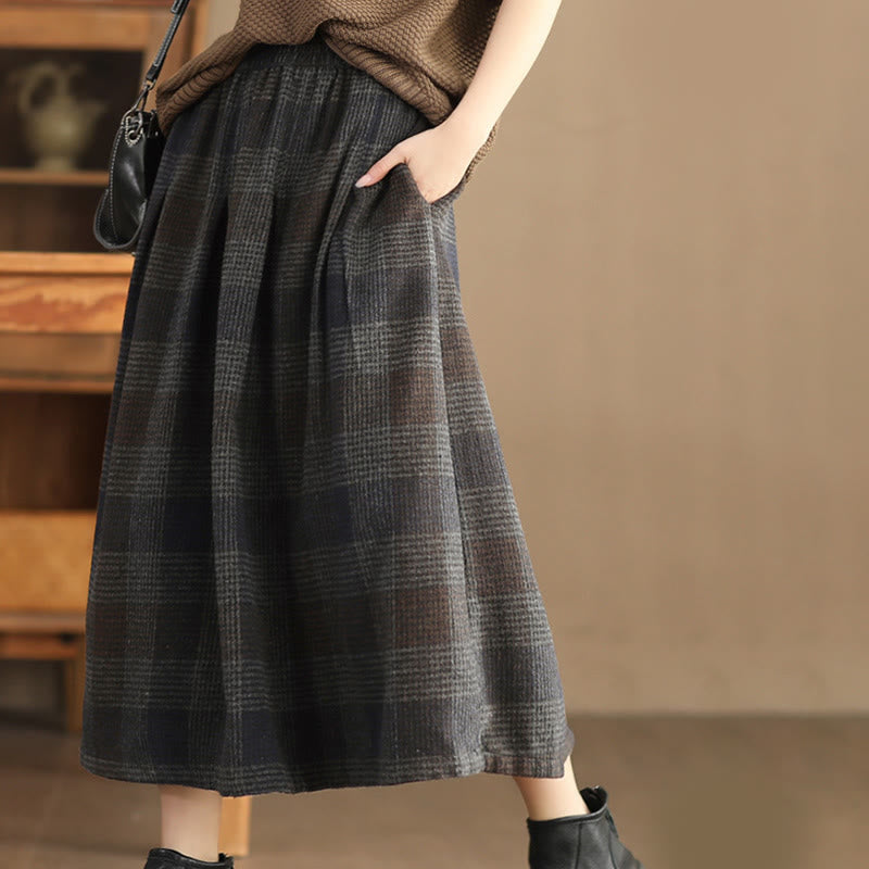Nimara Ritual Women's Winter Plaid Pattern Thermal 7-8 Length Skirt With Pockets