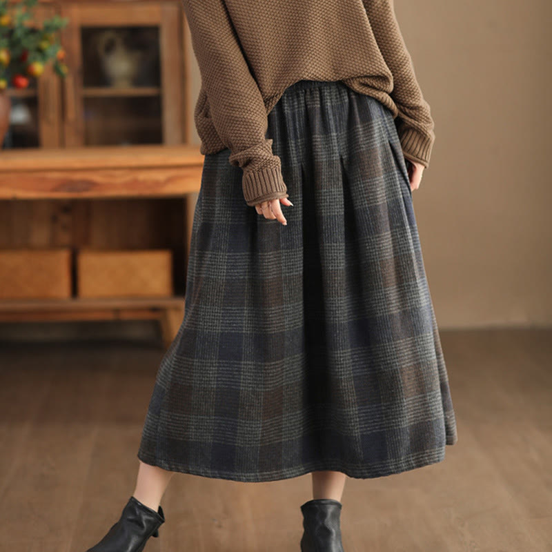 Nimara Ritual Women's Winter Plaid Pattern Thermal 7-8 Length Skirt With Pockets