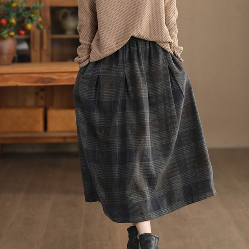 Nimara Ritual Women's Winter Plaid Pattern Thermal 7-8 Length Skirt With Pockets