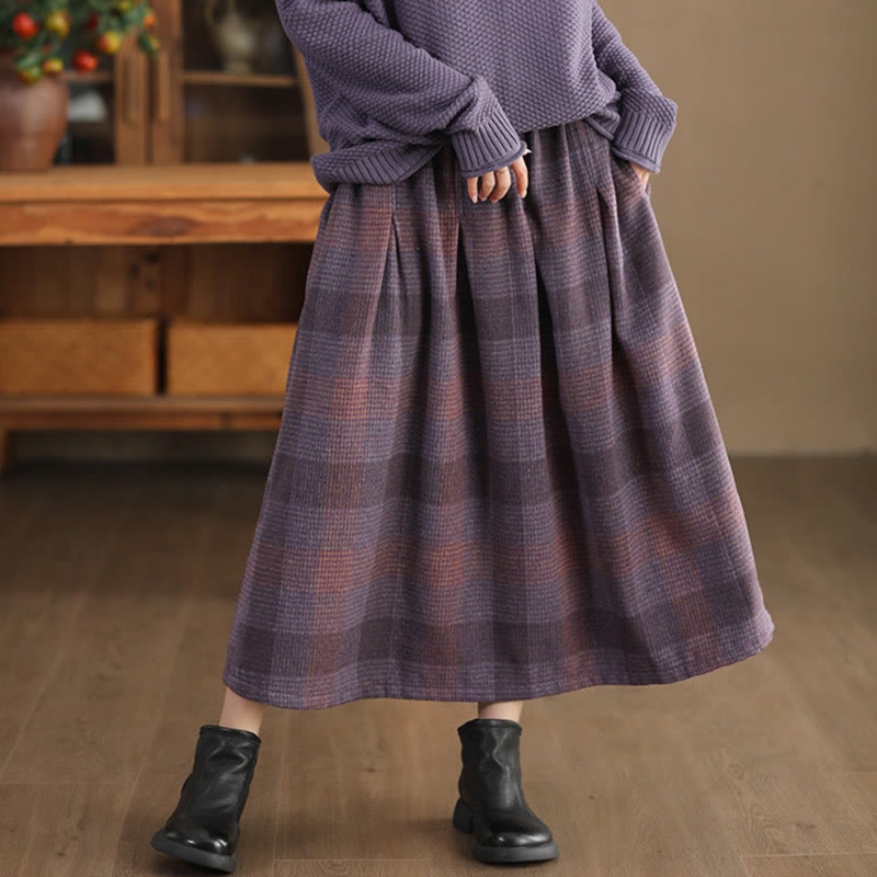 Nimara Ritual Women's Winter Plaid Pattern Thermal 7-8 Length Skirt With Pockets