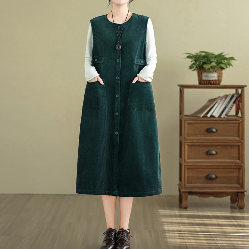 Nimara Ritual Pure Colo Buttons Sleeveless Midi Dress With Pockets