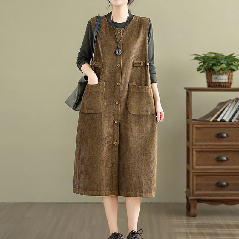 Nimara Ritual Pure Colo Buttons Sleeveless Midi Dress With Pockets