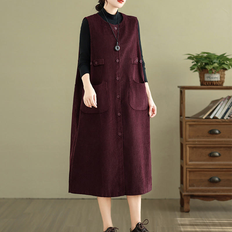 Nimara Ritual Pure Colo Buttons Sleeveless Midi Dress With Pockets