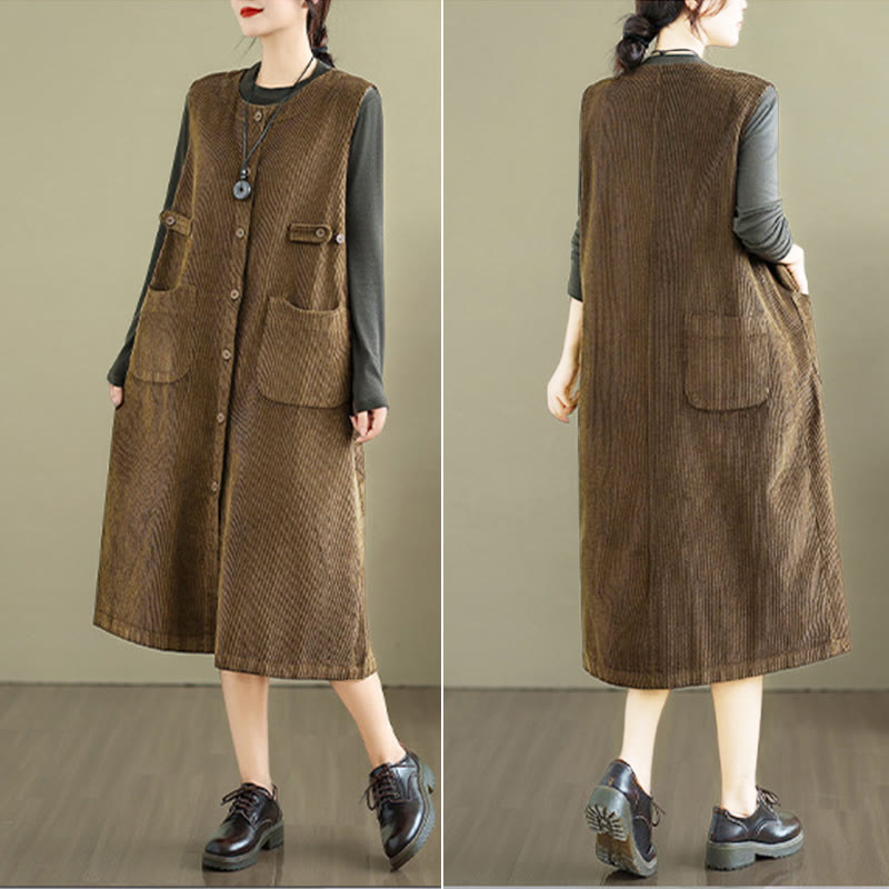 Nimara Ritual Pure Colo Buttons Sleeveless Midi Dress With Pockets