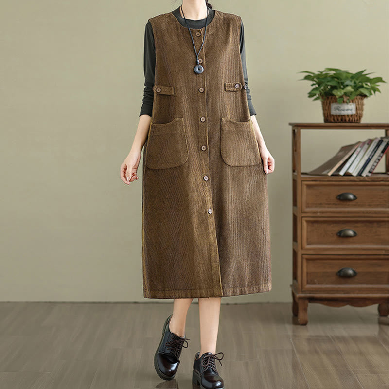 Nimara Ritual Pure Colo Buttons Sleeveless Midi Dress With Pockets