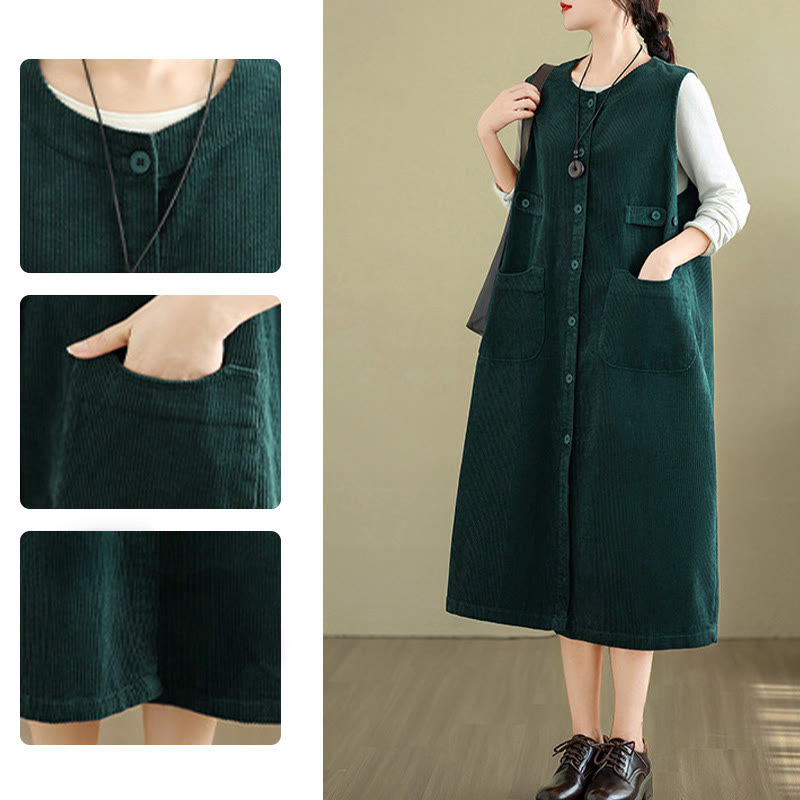 Nimara Ritual Pure Colo Buttons Sleeveless Midi Dress With Pockets