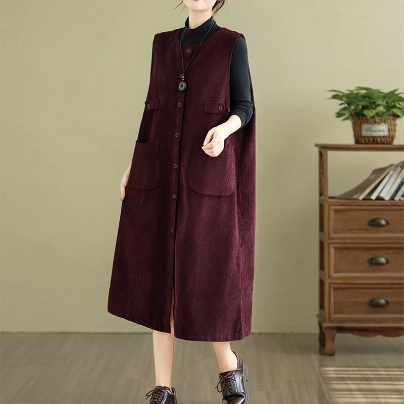 Nimara Ritual Pure Colo Buttons Sleeveless Midi Dress With Pockets