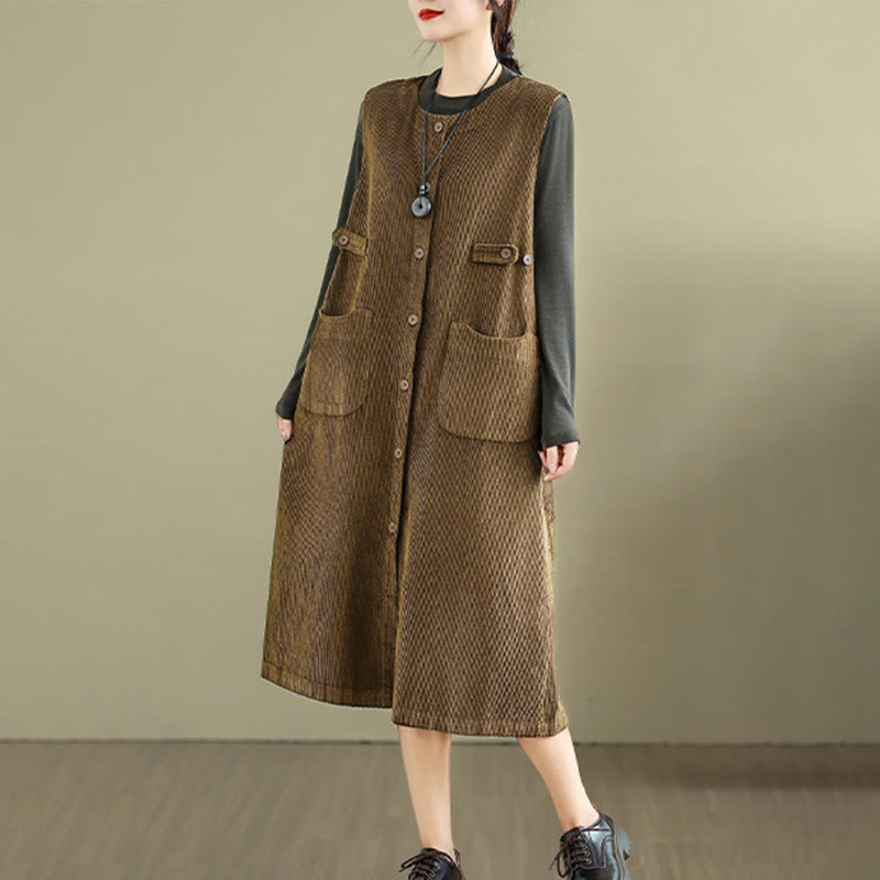 Nimara Ritual Pure Colo Buttons Sleeveless Midi Dress With Pockets