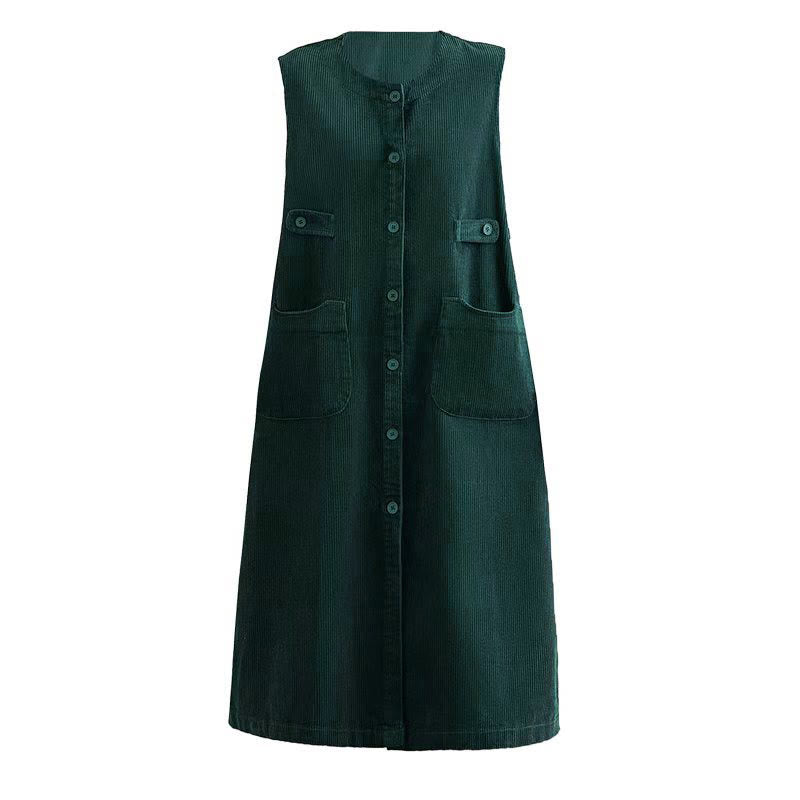Nimara Ritual Pure Colo Buttons Sleeveless Midi Dress With Pockets
