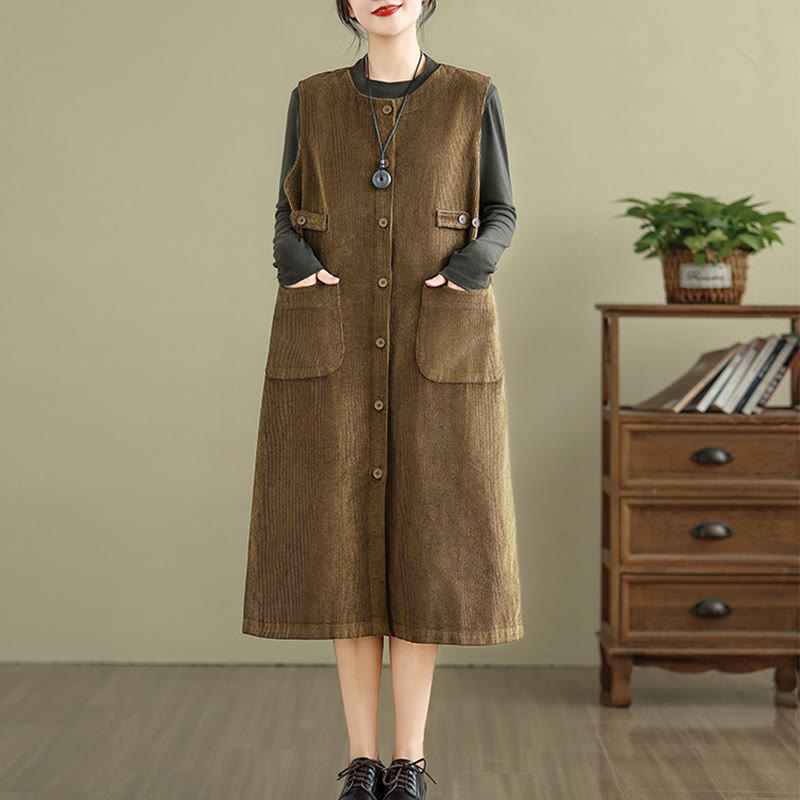 Nimara Ritual Pure Colo Buttons Sleeveless Midi Dress With Pockets