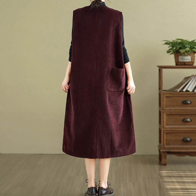 Nimara Ritual Pure Colo Buttons Sleeveless Midi Dress With Pockets
