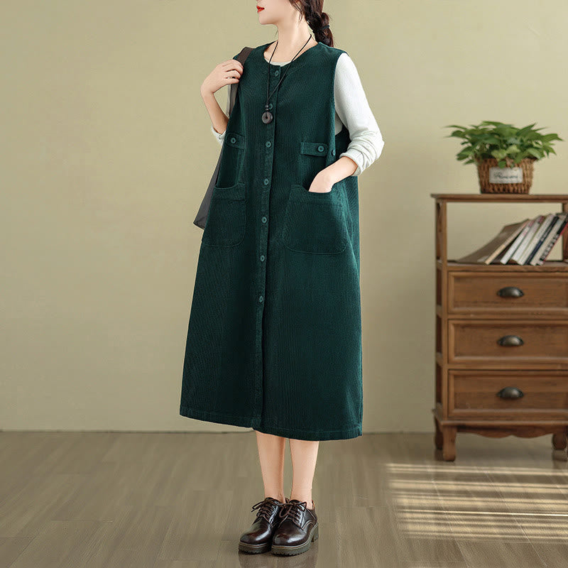 Nimara Ritual Pure Colo Buttons Sleeveless Midi Dress With Pockets