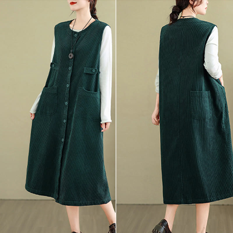 Nimara Ritual Pure Colo Buttons Sleeveless Midi Dress With Pockets