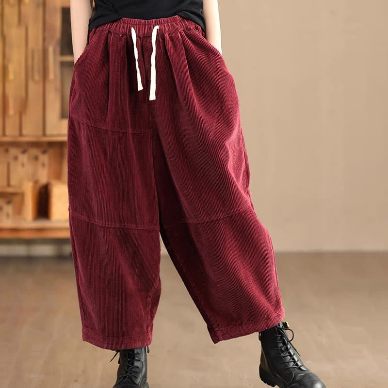 Nimara Ritual Women's Drawstring Design Cotton Corduroy Thermal Fleece-Lined Pants With Pockets