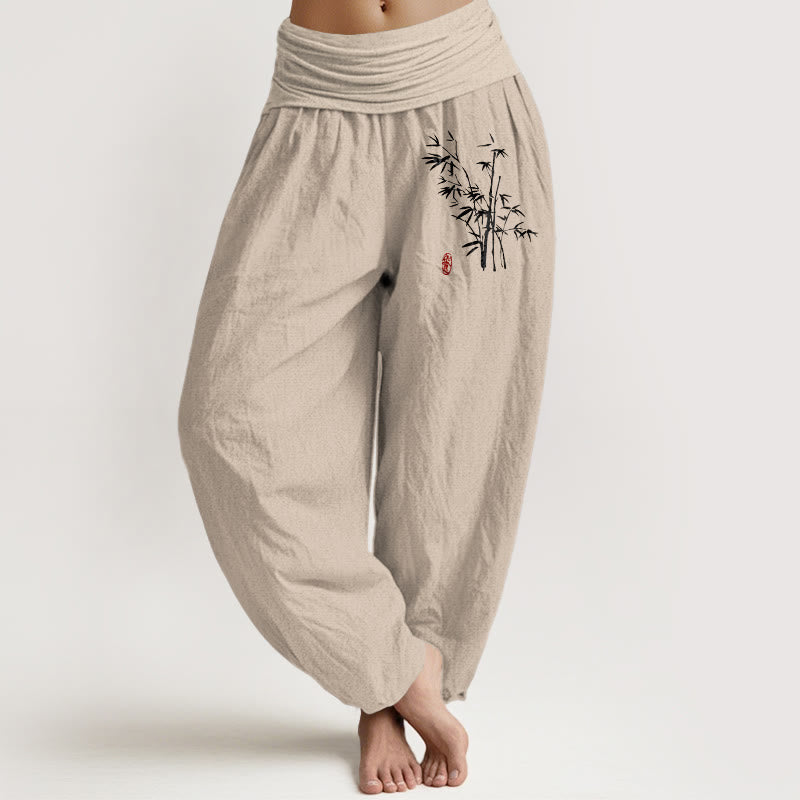 Nimara Ritual Casual Bamboo Leaves Pattern Women's Elastic Waist Harem Cotton Pants
