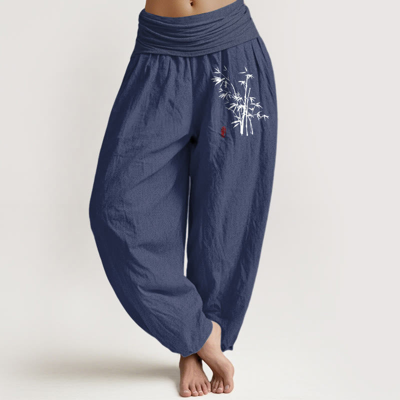 Nimara Ritual Casual Bamboo Leaves Pattern Women's Elastic Waist Harem Cotton Pants