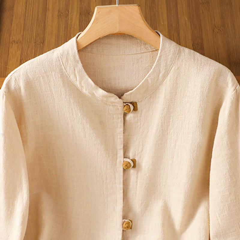 Nimara Ritual Color Contrast Design Chinese Frog-Button Long Sleeve Women's Linen Shirt