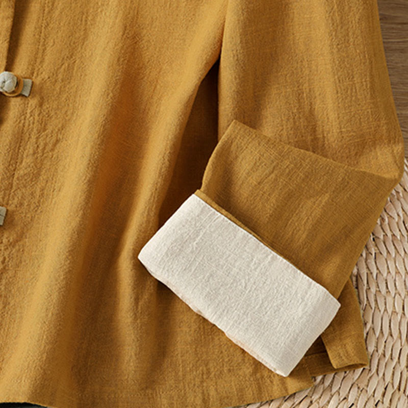 Nimara Ritual Color Contrast Design Chinese Frog-Button Long Sleeve Women's Linen Shirt