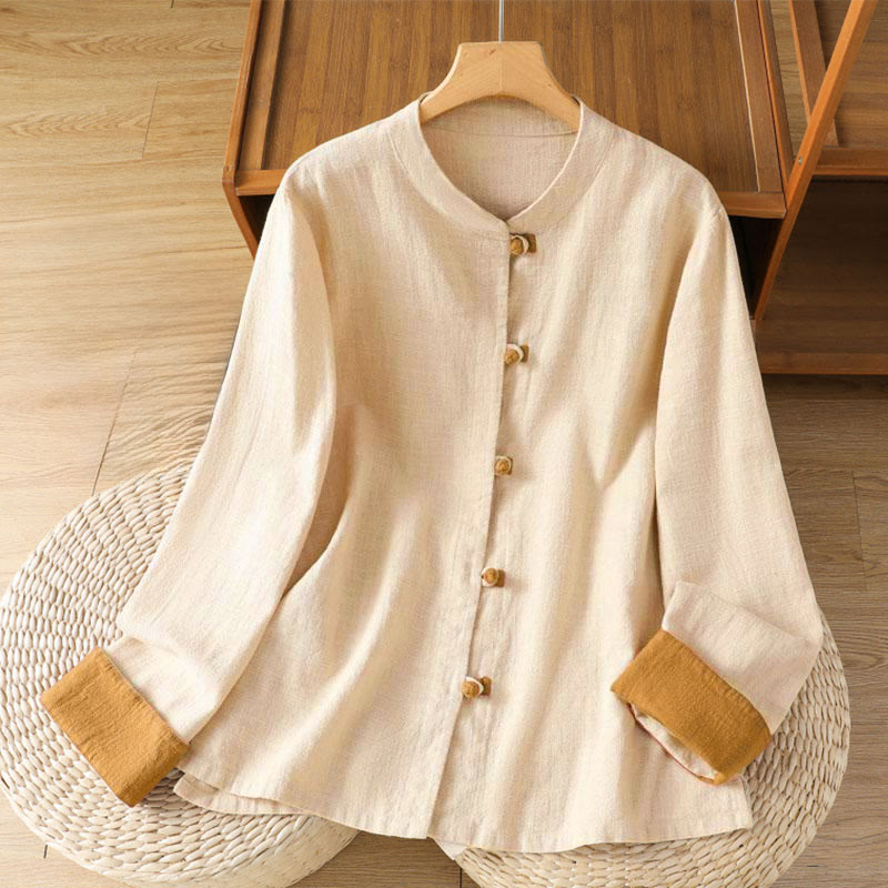 Nimara Ritual Color Contrast Design Chinese Frog-Button Long Sleeve Women's Linen Shirt
