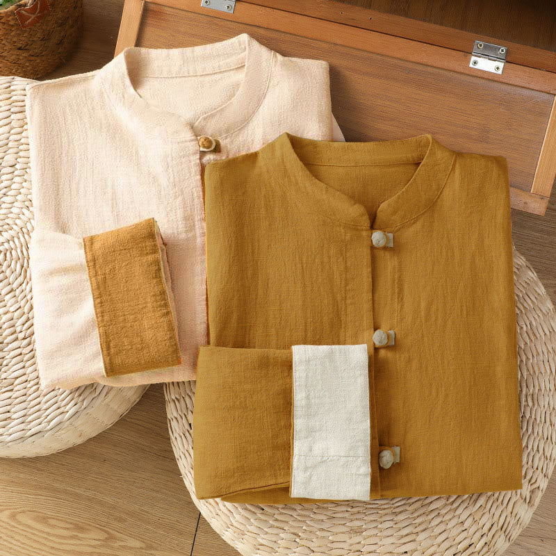 Nimara Ritual Color Contrast Design Chinese Frog-Button Long Sleeve Women's Linen Shirt
