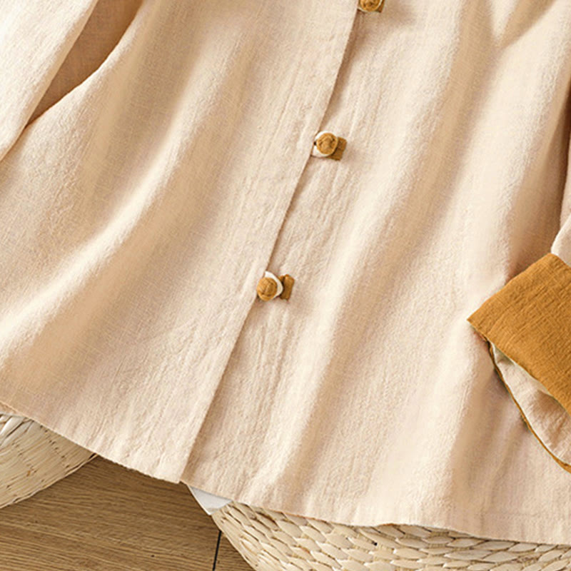 Nimara Ritual Color Contrast Design Chinese Frog-Button Long Sleeve Women's Linen Shirt