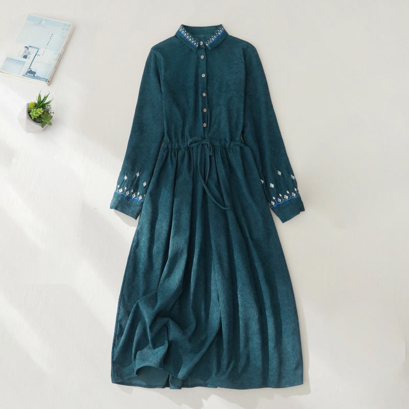 Nimara Ritual Embroidered Floral Pattern Lace-up Design Long Sleeve Midi Dress With Pockets