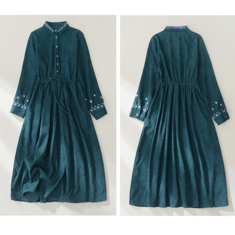 Nimara Ritual Embroidered Floral Pattern Lace-up Design Long Sleeve Midi Dress With Pockets