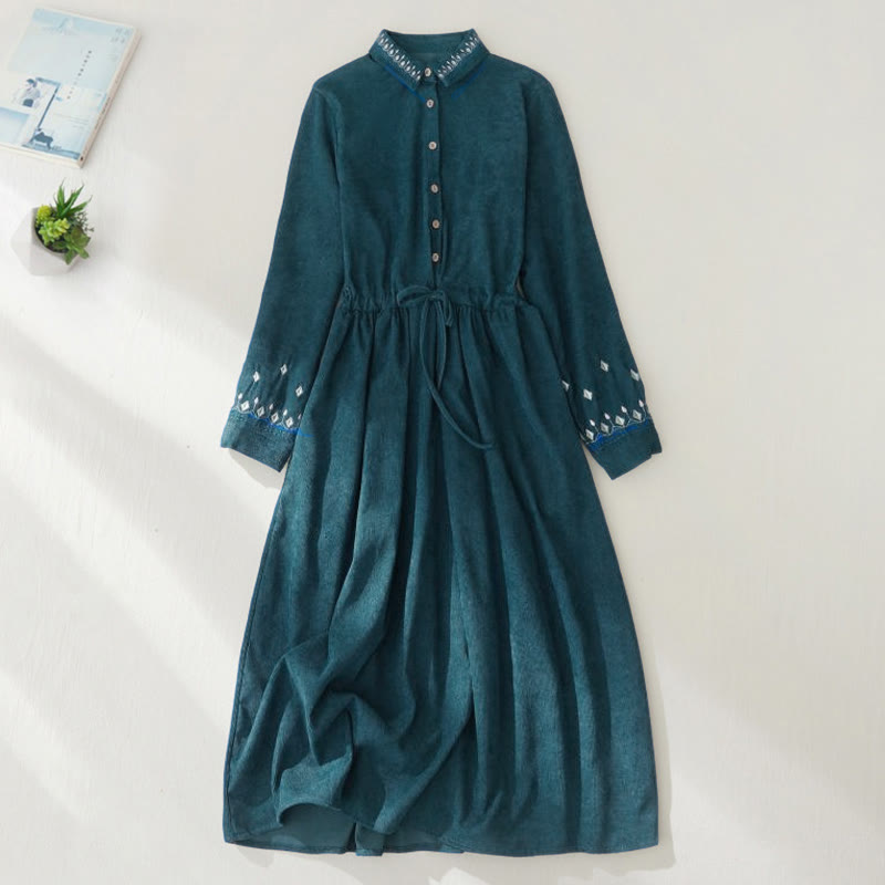 Nimara Ritual Embroidered Floral Pattern Lace-up Design Long Sleeve Midi Dress With Pockets