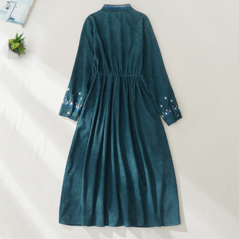 Nimara Ritual Embroidered Floral Pattern Lace-up Design Long Sleeve Midi Dress With Pockets