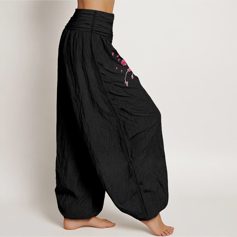Nimara Ritual Dragon Cherry Blossoms Pattern Women's Elastic Waist Harem Cotton Pants