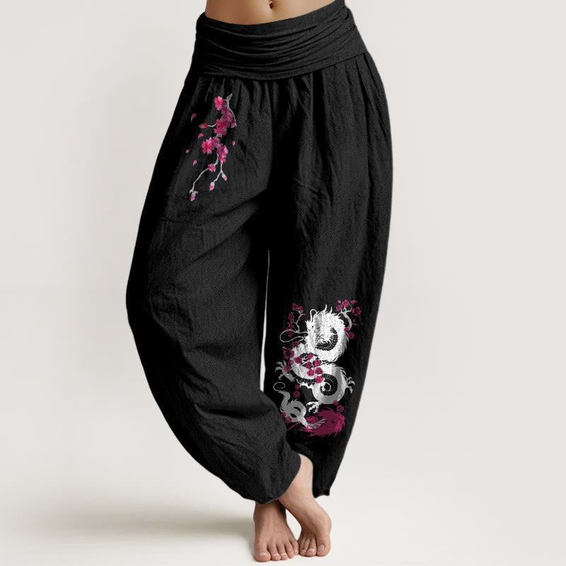 Nimara Ritual Dragon Cherry Blossoms Pattern Women's Elastic Waist Harem Cotton Pants