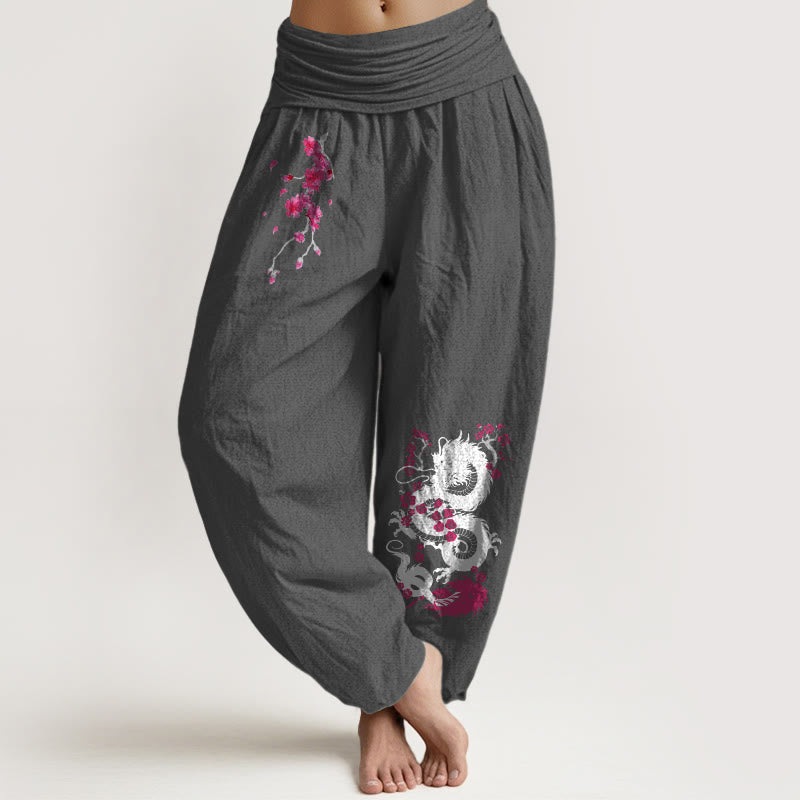 Nimara Ritual Dragon Cherry Blossoms Pattern Women's Elastic Waist Harem Cotton Pants