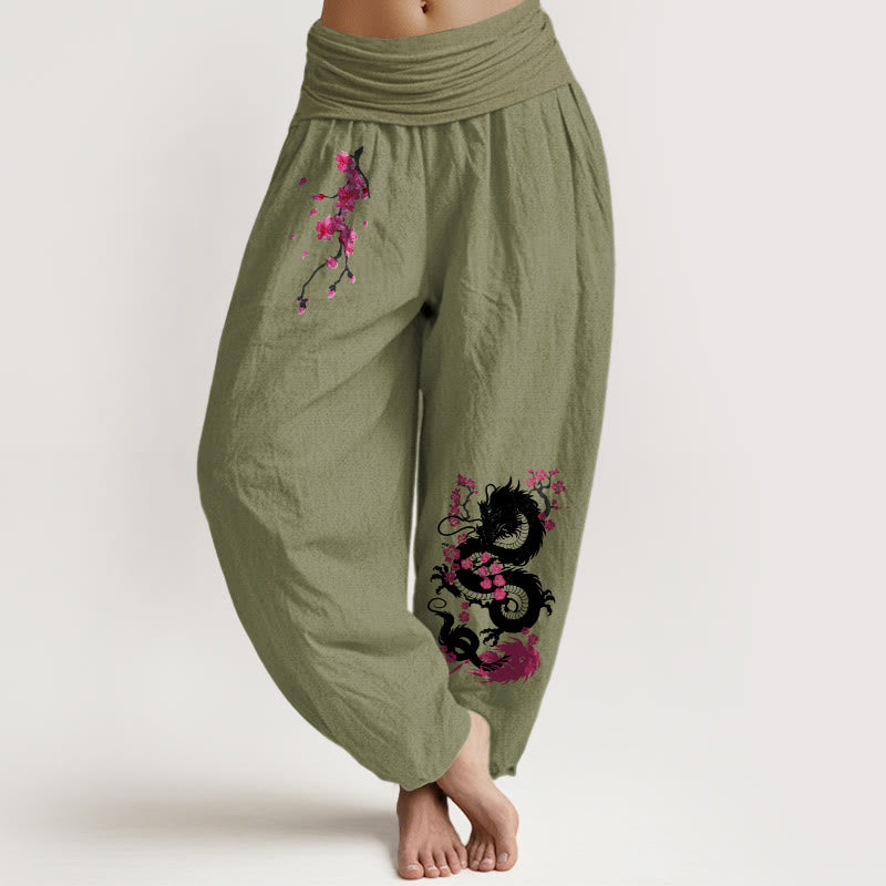 Nimara Ritual Dragon Cherry Blossoms Pattern Women's Elastic Waist Harem Cotton Pants