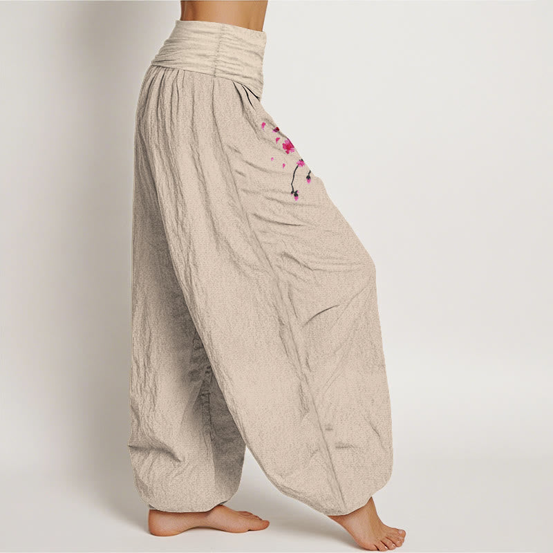 Nimara Ritual Dragon Cherry Blossoms Pattern Women's Elastic Waist Harem Cotton Pants