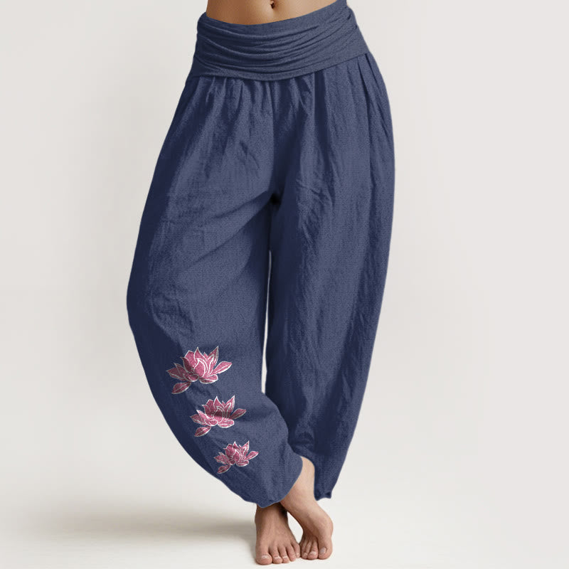 Nimara Ritual Casual Lotus Pattern Pure Cotton Women's Elastic Waist Harem Pants
