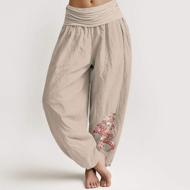 Nimara Ritual Pure Cotton Lotus Koi Fish River Pattern Women's Elastic Waist Harem Pants