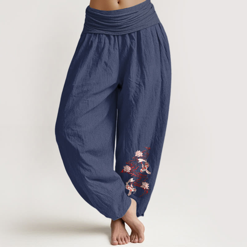 Nimara Ritual Pure Cotton Lotus Koi Fish River Pattern Women's Elastic Waist Harem Pants