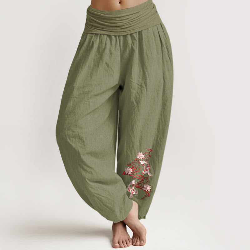Nimara Ritual Pure Cotton Lotus Koi Fish River Pattern Women's Elastic Waist Harem Pants