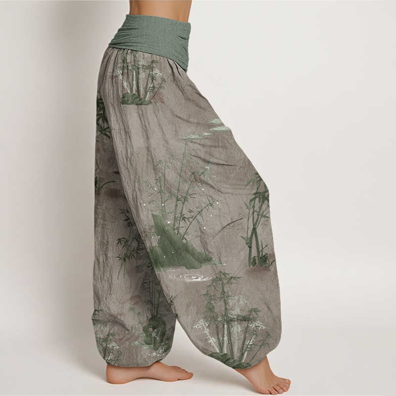 Nimara Ritual Pure Cotton Casual Bamboo Rock Ink Painting Women's Elastic Waist Harem Pants