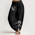 Nimara Ritual Dragon Yin Yang Waves Flower Pattern Pure Cotton Women's Elastic Waist Harem Pants