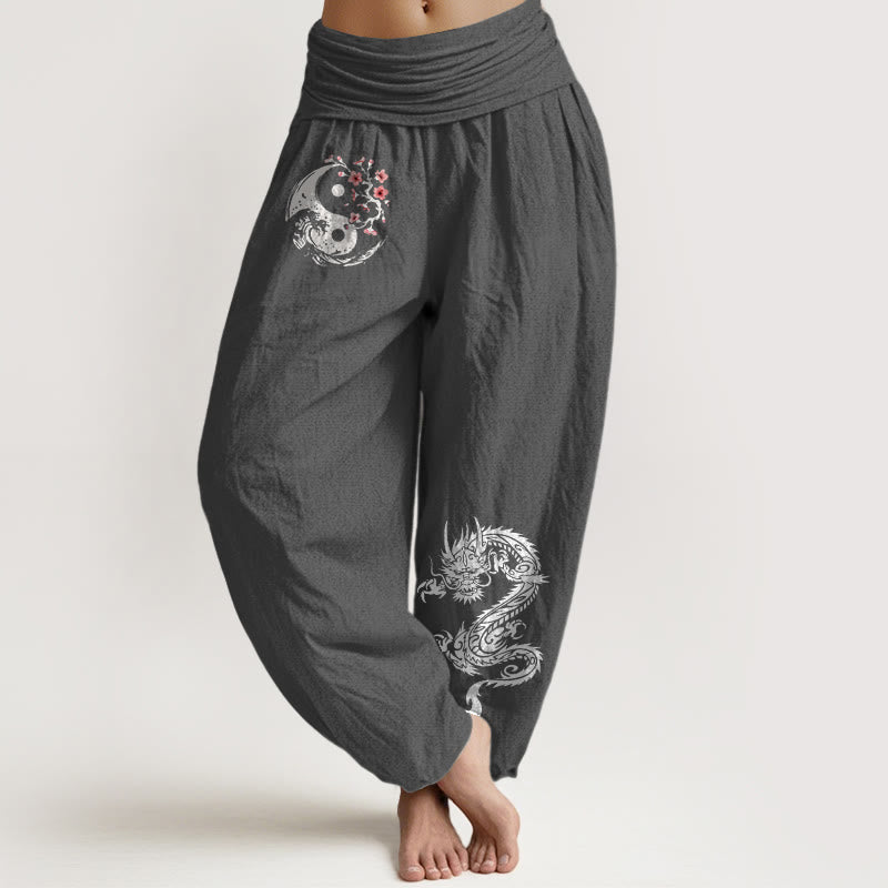 Nimara Ritual Dragon Yin Yang Waves Flower Pattern Pure Cotton Women's Elastic Waist Harem Pants