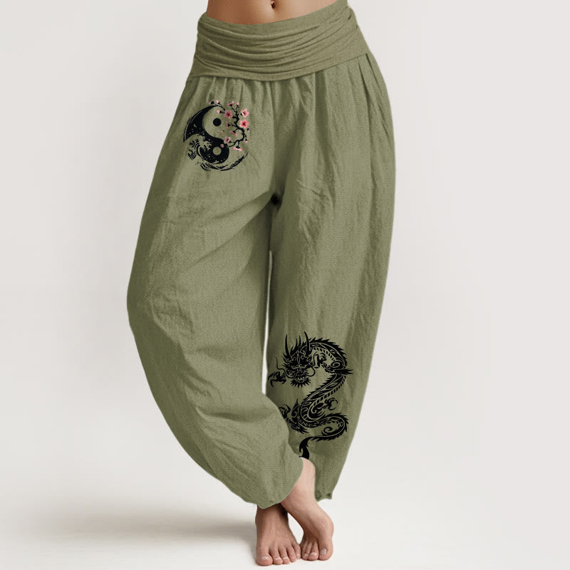 Nimara Ritual Dragon Yin Yang Waves Flower Pattern Pure Cotton Women's Elastic Waist Harem Pants