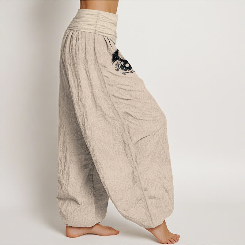 Nimara Ritual Dragon Yin Yang Waves Flower Pattern Pure Cotton Women's Elastic Waist Harem Pants